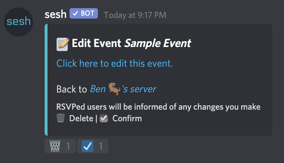 Discord message from the Sesh bot. The header reads 'Edit Event Sample Event'. It's followed by a link which reads 'Click here to edit this event.' The message has two reactions: a wastebasket and a checkmark.